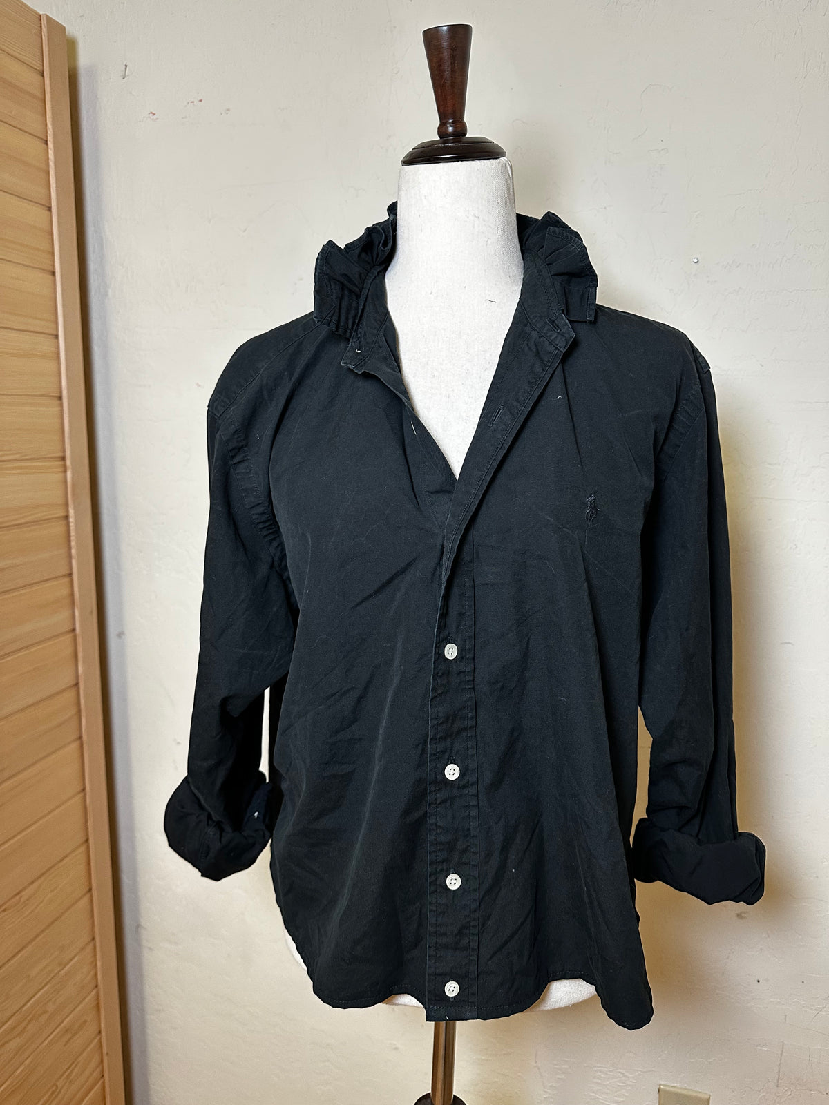 Black Ruffle Collar Ralph Lauren Shirt | Upcycled Cropped Button Down | Preppy Women’s Top