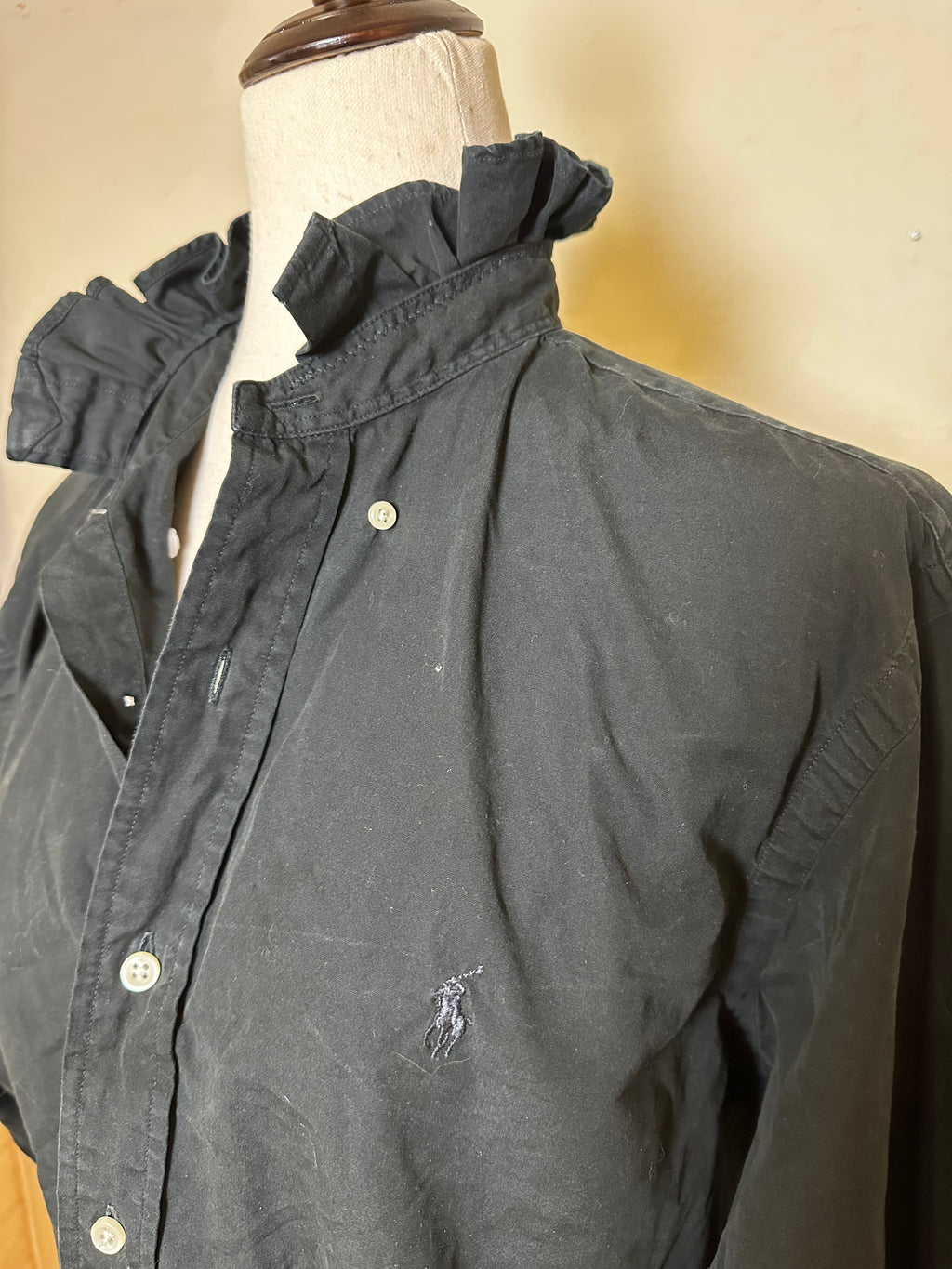 Black Ruffle Collar Ralph Lauren Shirt | Upcycled Cropped Button Down | Preppy Women’s Top